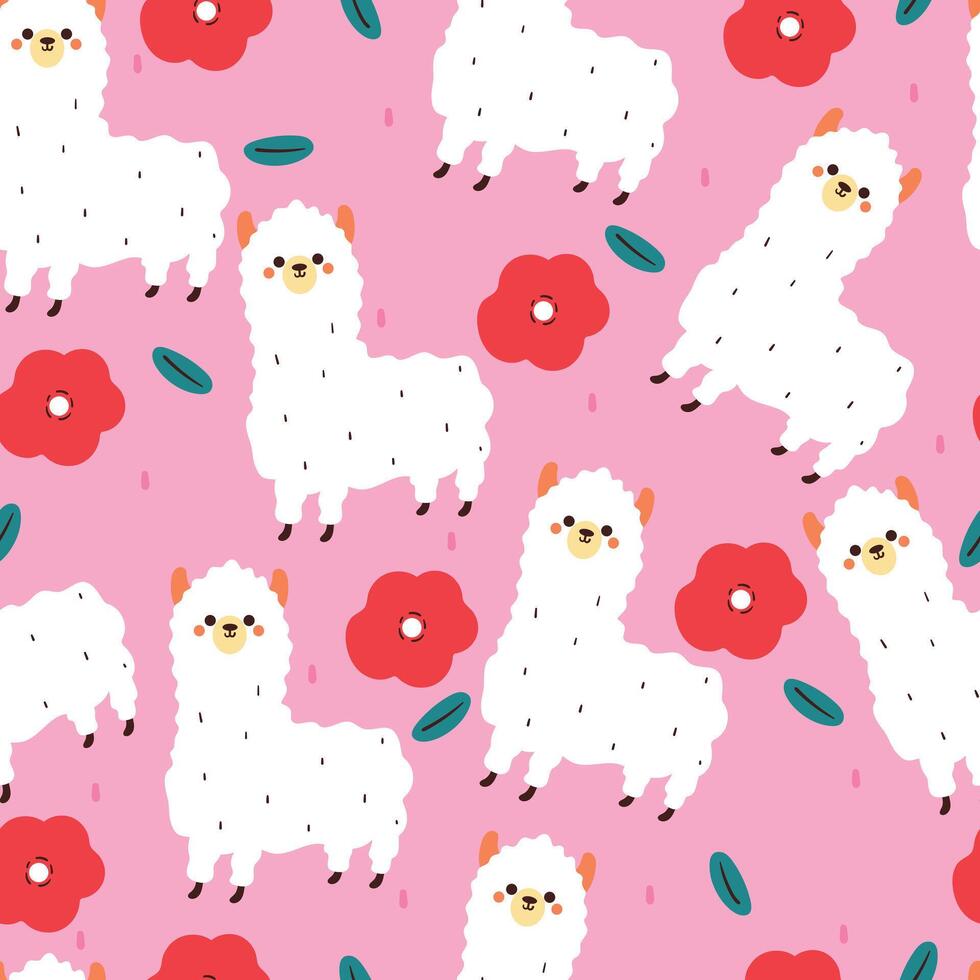 seamless pattern cartoon llama and flower. cute wallpaper for textile, gift wrap paper vector