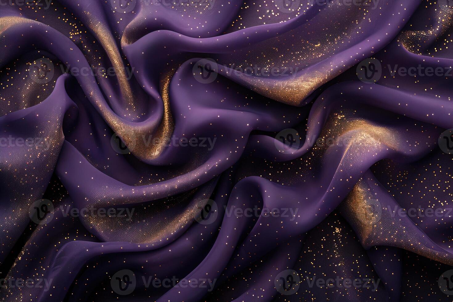 Abstract dark violet shiny satin silk fabric textured textile background with golden sparkles photo