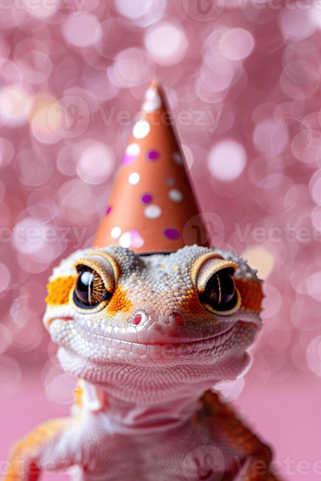 vertical image cute gecko in a party hat on pink bokeh background. Birthday celebration concept photo