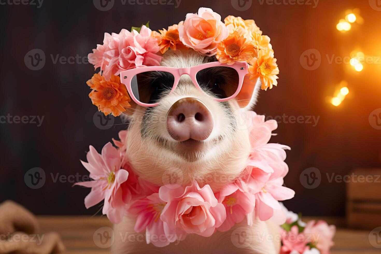 portrait of cute happy domestic pig in wreath of flowers and pink sunglasses photo