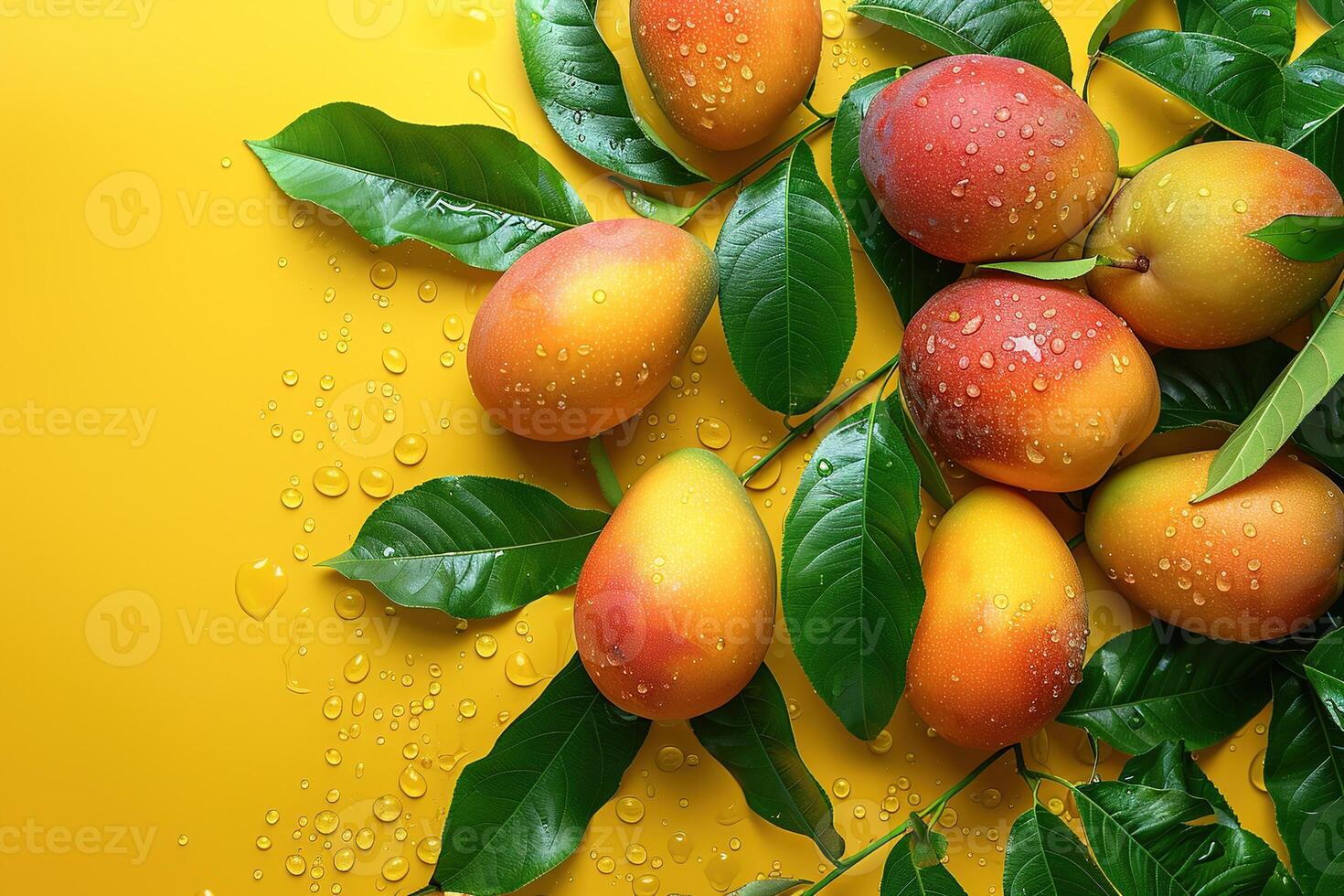 top view tasty ripe whole mango fruits and leaves with water drops on yellow background, flat lay template for design with copy space photo