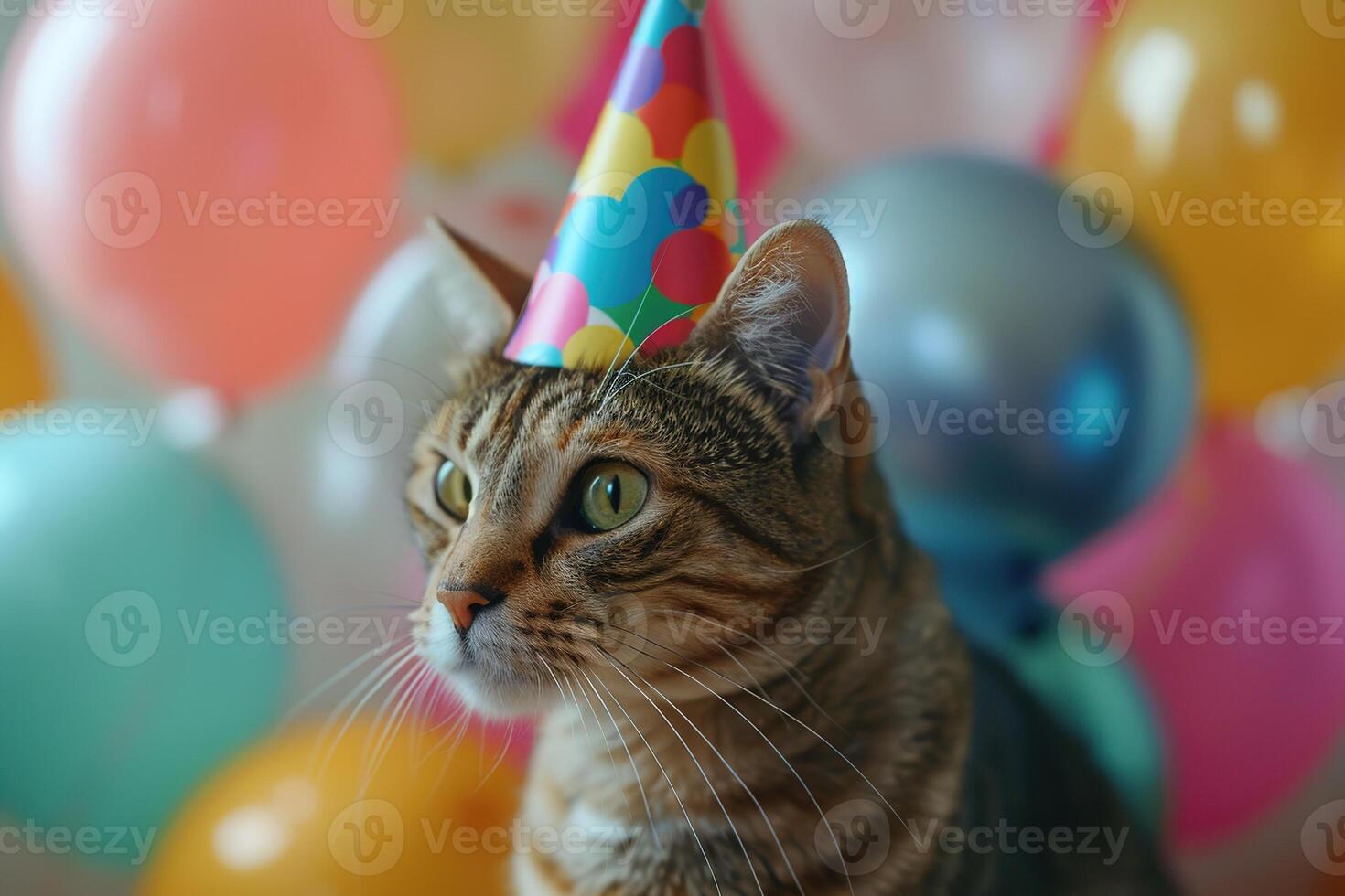 closeup portrait of a cute tabby cat in party hat with colorful balloons on the background photo