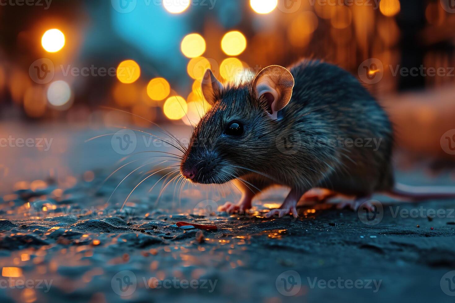 closeup of a gray rat walking on wet asphalt on evening street with blurred background photo