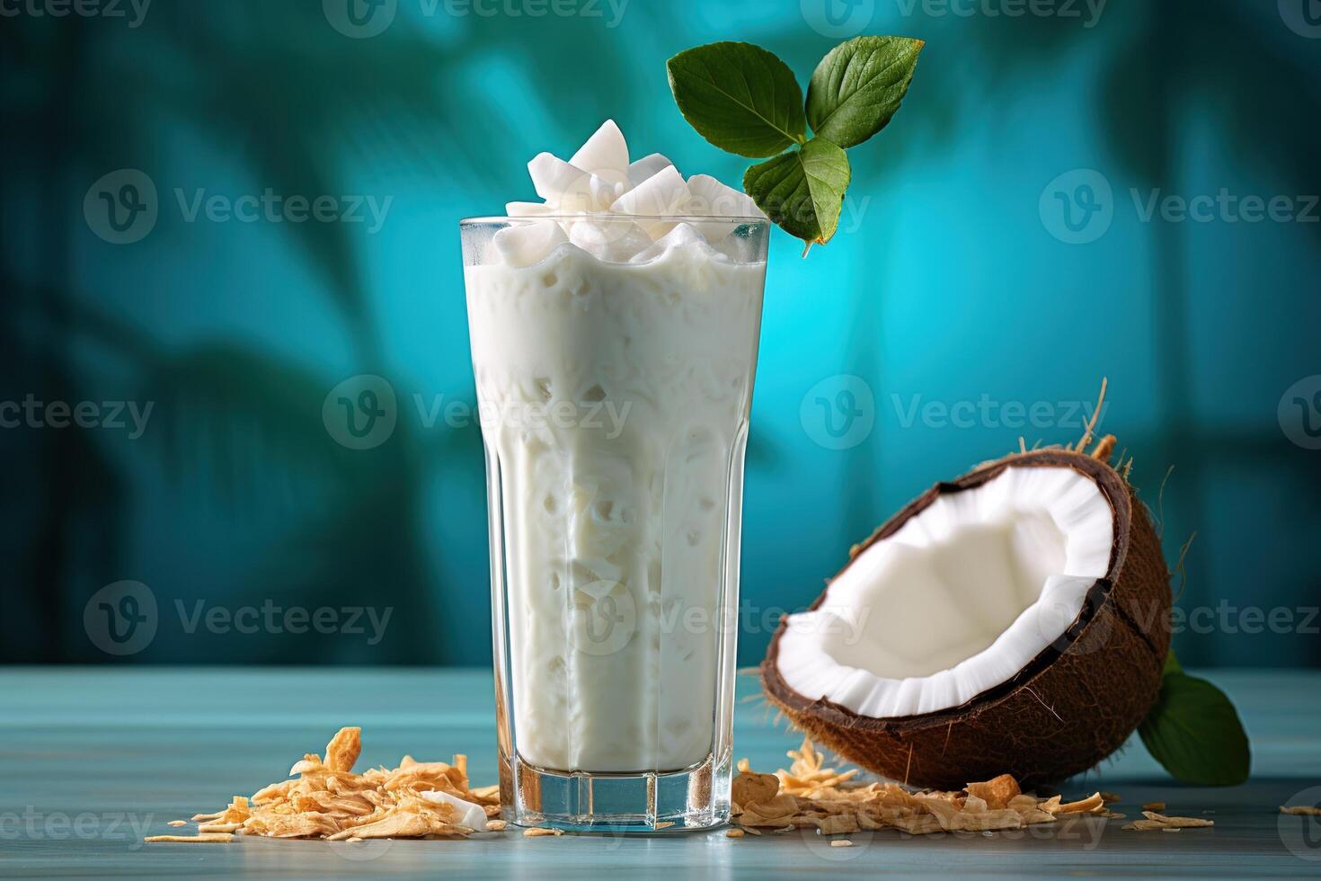 glass of milkshake with half of coconut with palm leaves on blue background photo