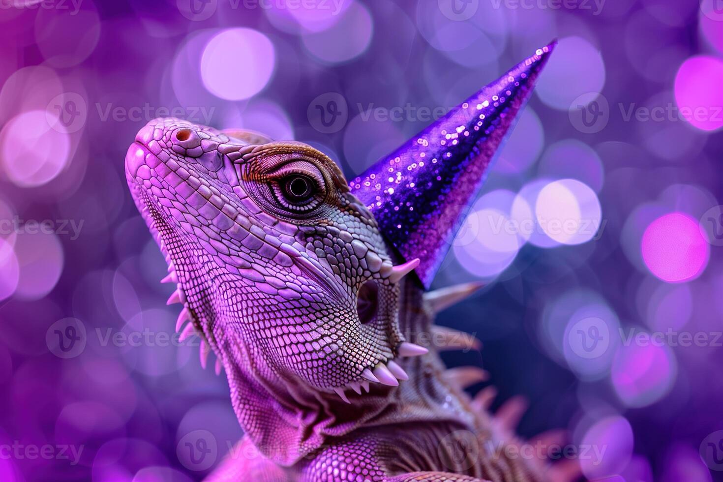 beautiful portrait of lizard in a party hat on a purple bokeh background. Birthday party of celebration concept photo