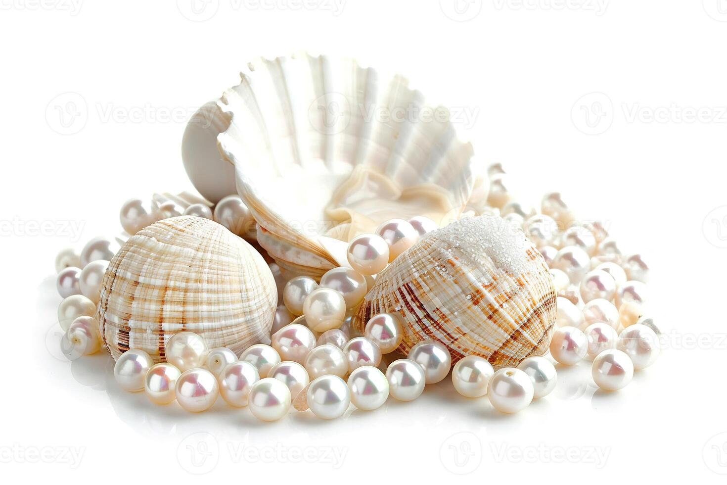 closeup sea shells and pearls isolated on white background photo