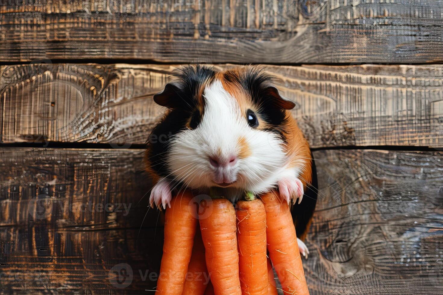 top view of cute fluffy spotted guinea pig with fresh carrots on wooden background photo