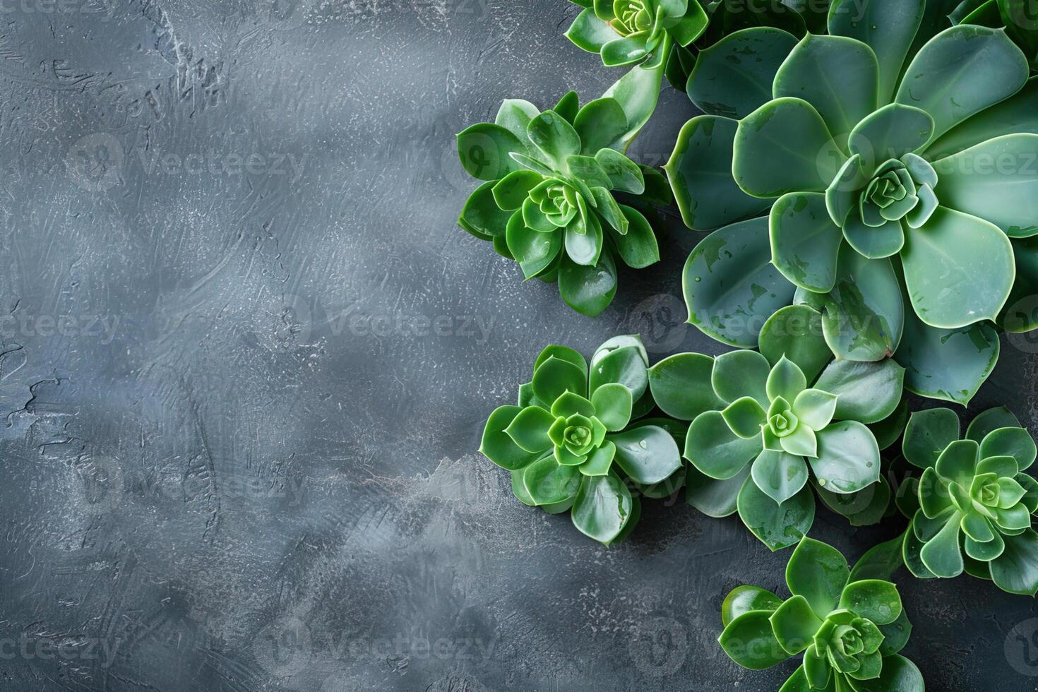 green succulent frame on gray concrete background top view, beautiful floral template with copy space photo