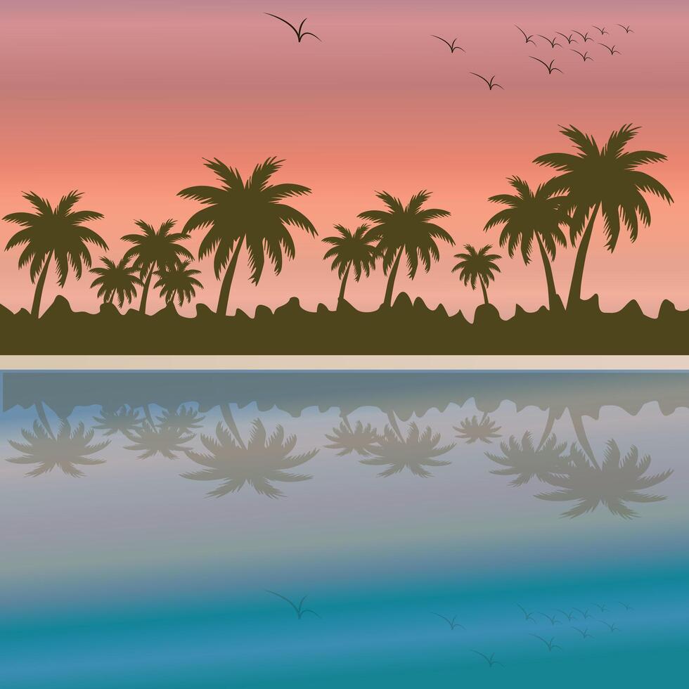 A beautiful sunset over the ocean with a palm tree. vector