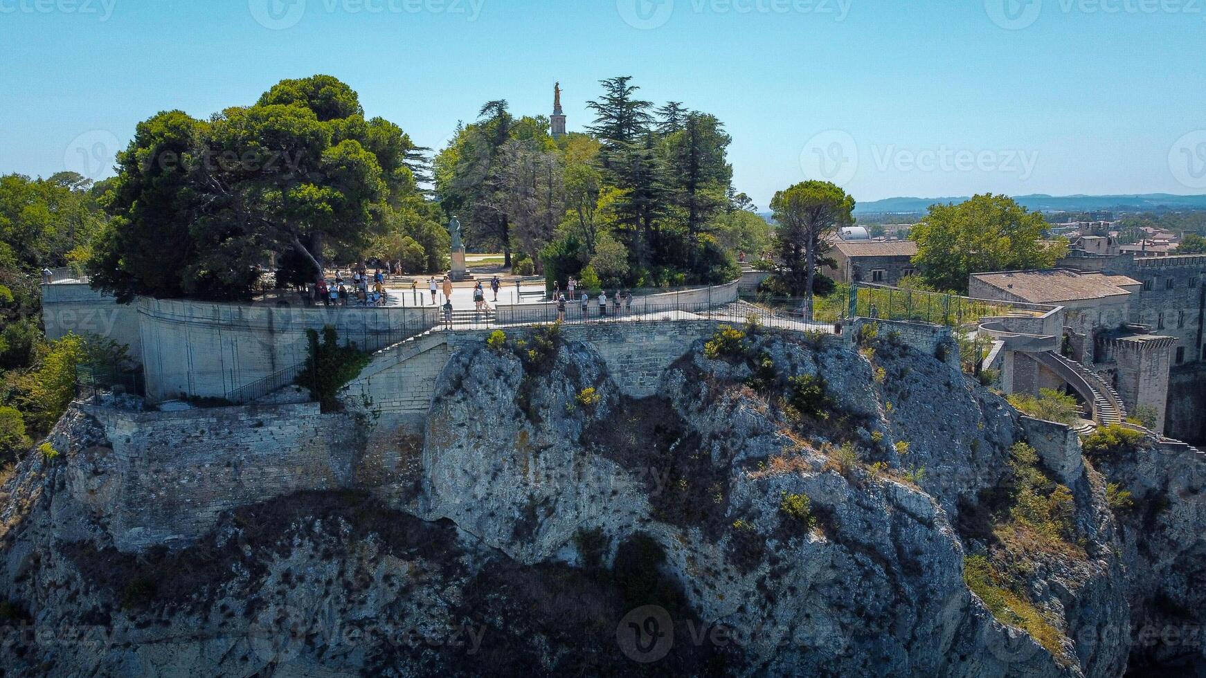 Belvdre Panoramique du Rhne panoramic terrace in Avignon, a natural rock face overlooking a beautiful view of the Rhne river and the city. Aerial view of a public park and the city of Avignon. photo