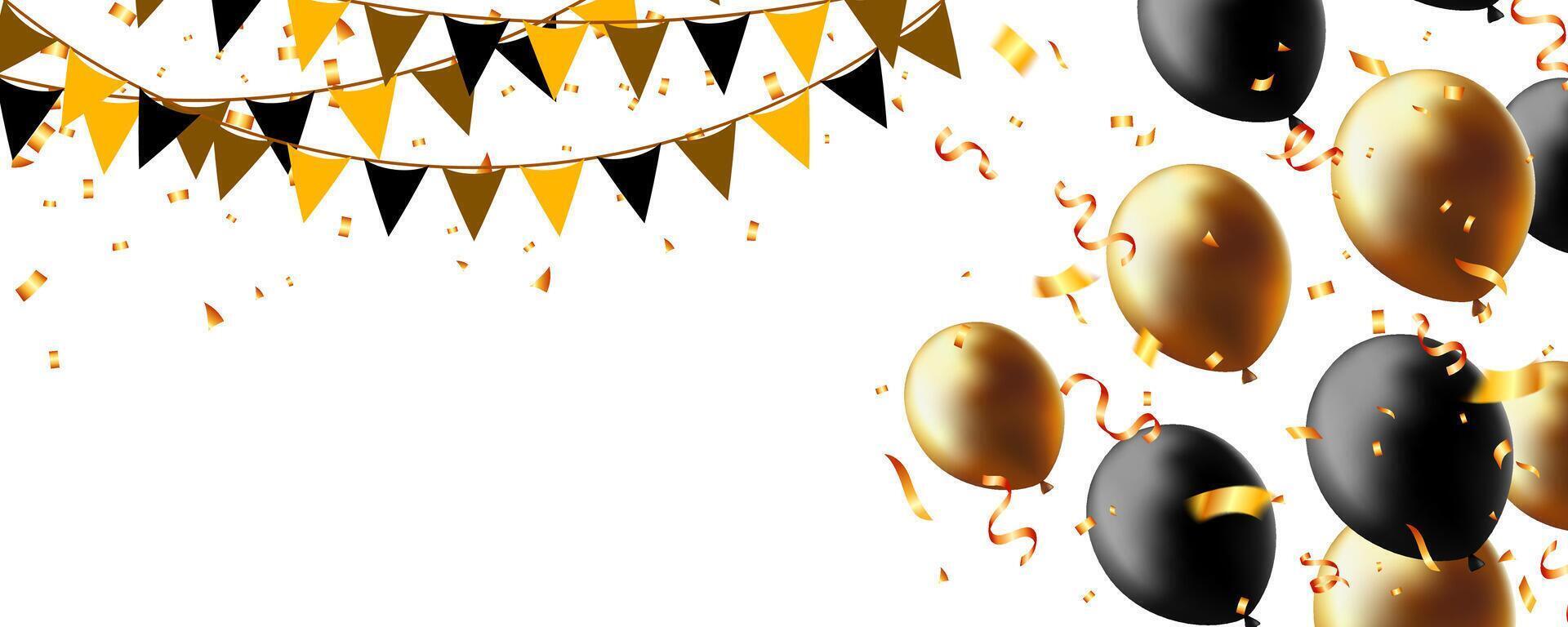 greeting card, happy birthday banner background design with realistic balloon, triangle pennants chain and confetti vector