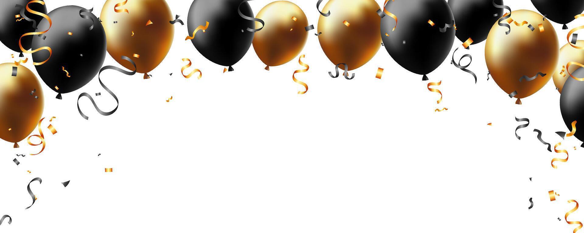gold and black color party elements decoration greeting card background. balloon, ribbon and confetti vector