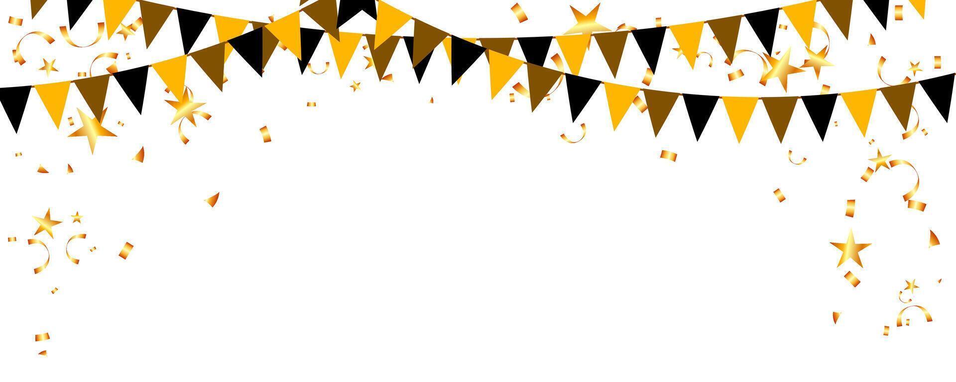 triangle pennants chain and confetti for Black Friday party color concept. birthday, celebration, carnival, anniversary and decoration vector