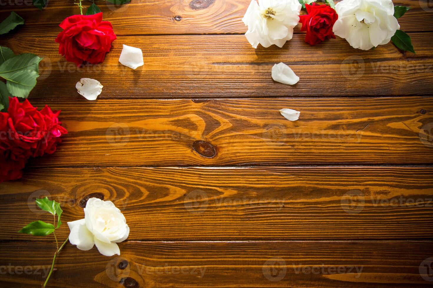 beautiful background of many red roses on a dark wooden background photo