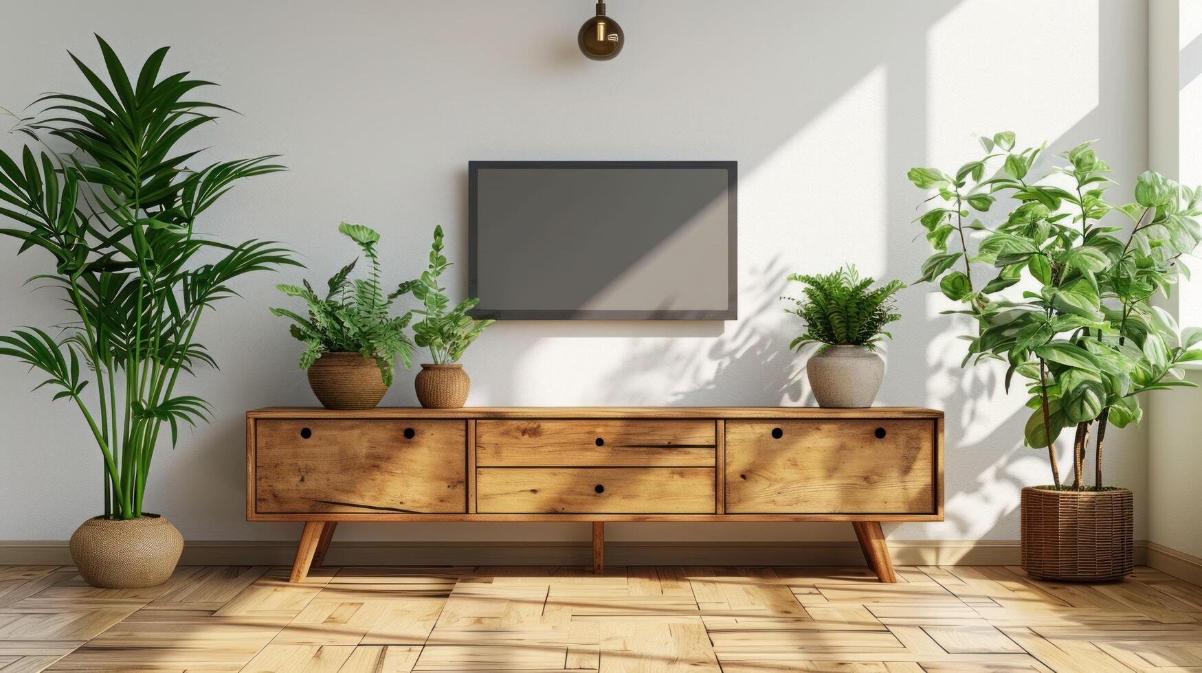 White color wall Background, minimal living room interior decor with a TV cabinet. plain light mock up. wooden furniture. photo