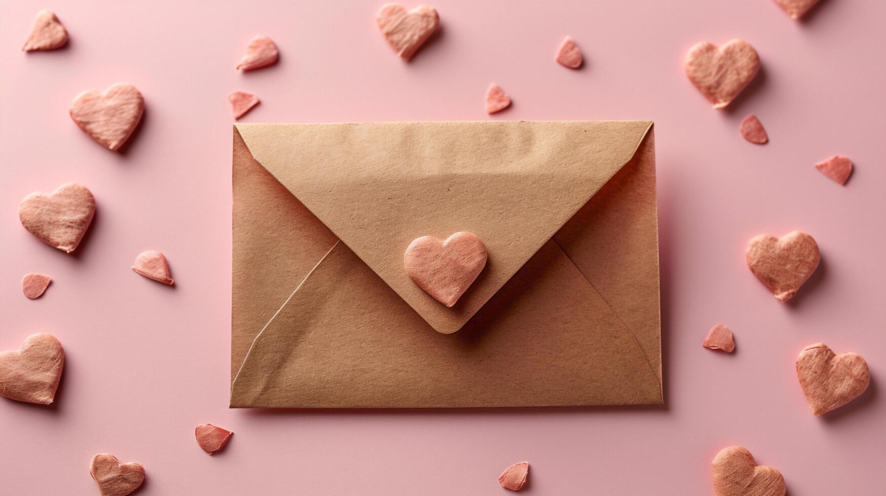 romantic Valentine's scene with a red envelope, heart shaped paper, and symbols of affection. Perfect for weddings, anniversaries, or crafting heartfelt messages. photo
