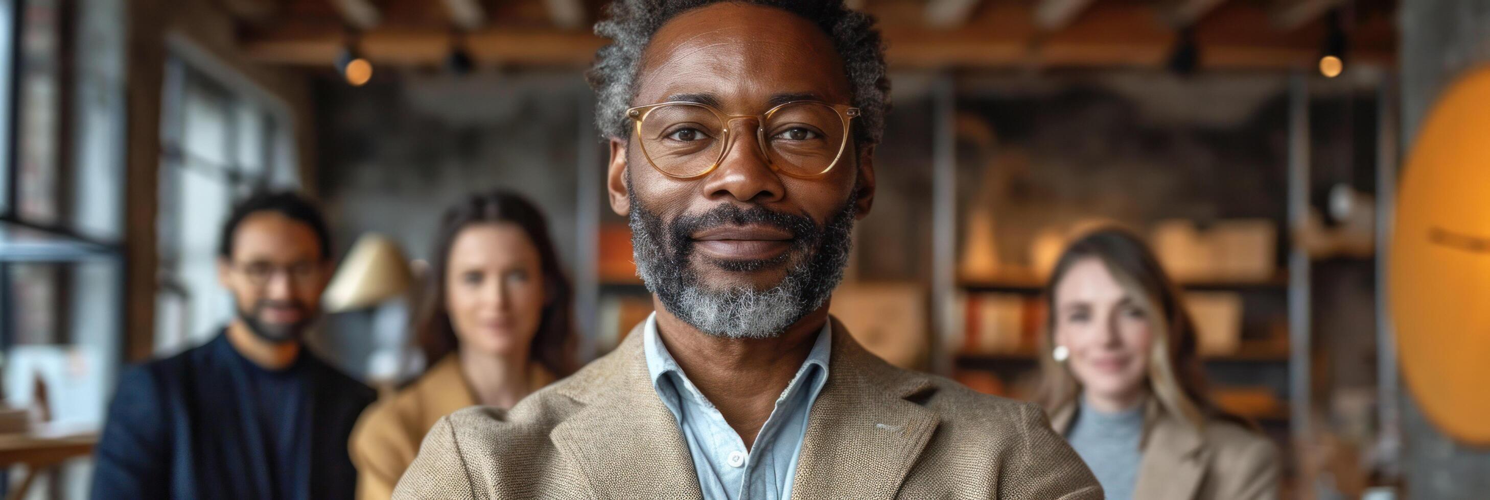 portrait of man with glasses looking at screen. diverse and collaborative workplace with employees from various ethnic backgrounds. Showcase a harmonious blend of cultures working together. photo