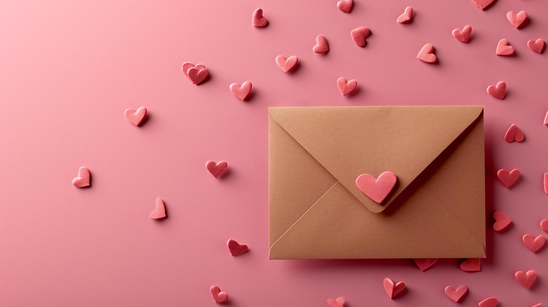 romantic Valentine's scene with a red envelope, heart shaped paper, and symbols of affection. Perfect for weddings, anniversaries, or crafting heartfelt messages. photo
