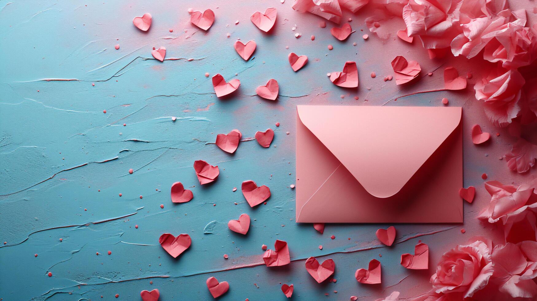 romantic Valentine's scene with a red envelope, heart shaped paper, and symbols of affection. Perfect for weddings, anniversaries, or crafting heartfelt messages. photo