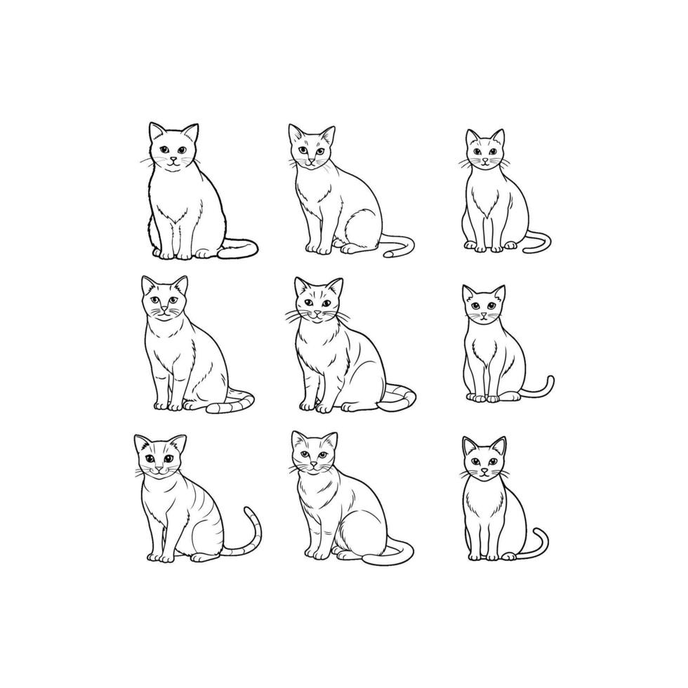 Simple Black and White outline of a cat set vector