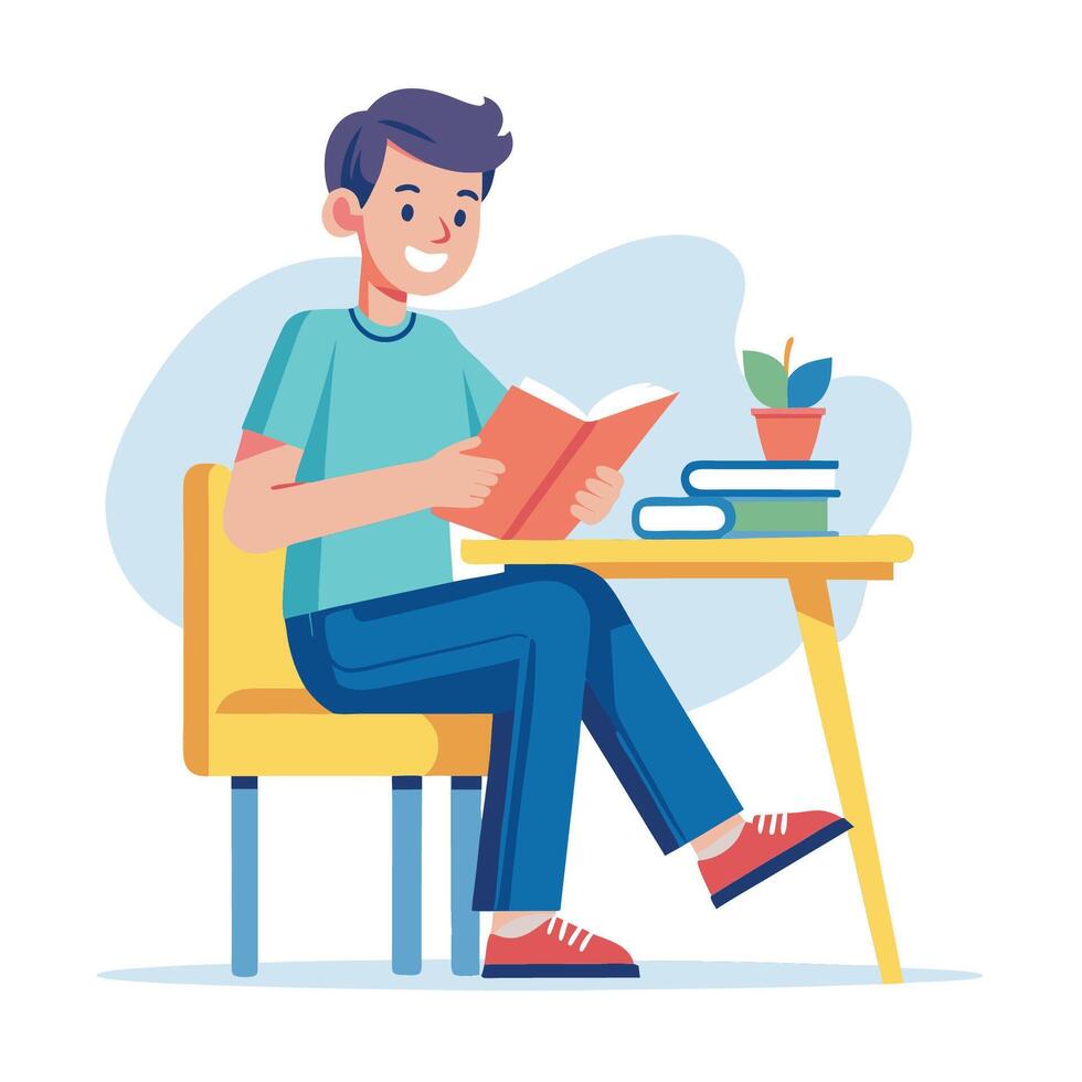 A Boy Student sitting at the table reading a book vector