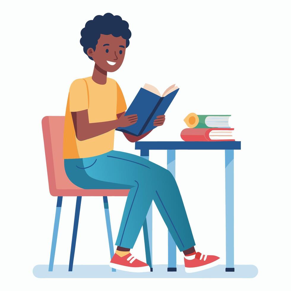 A Boy Student sitting at the table reading a book vector