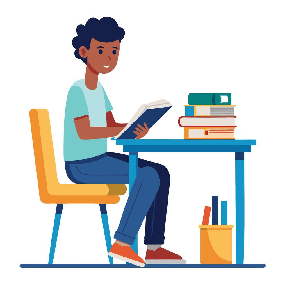 A Boy Student sitting at the table reading a book vector
