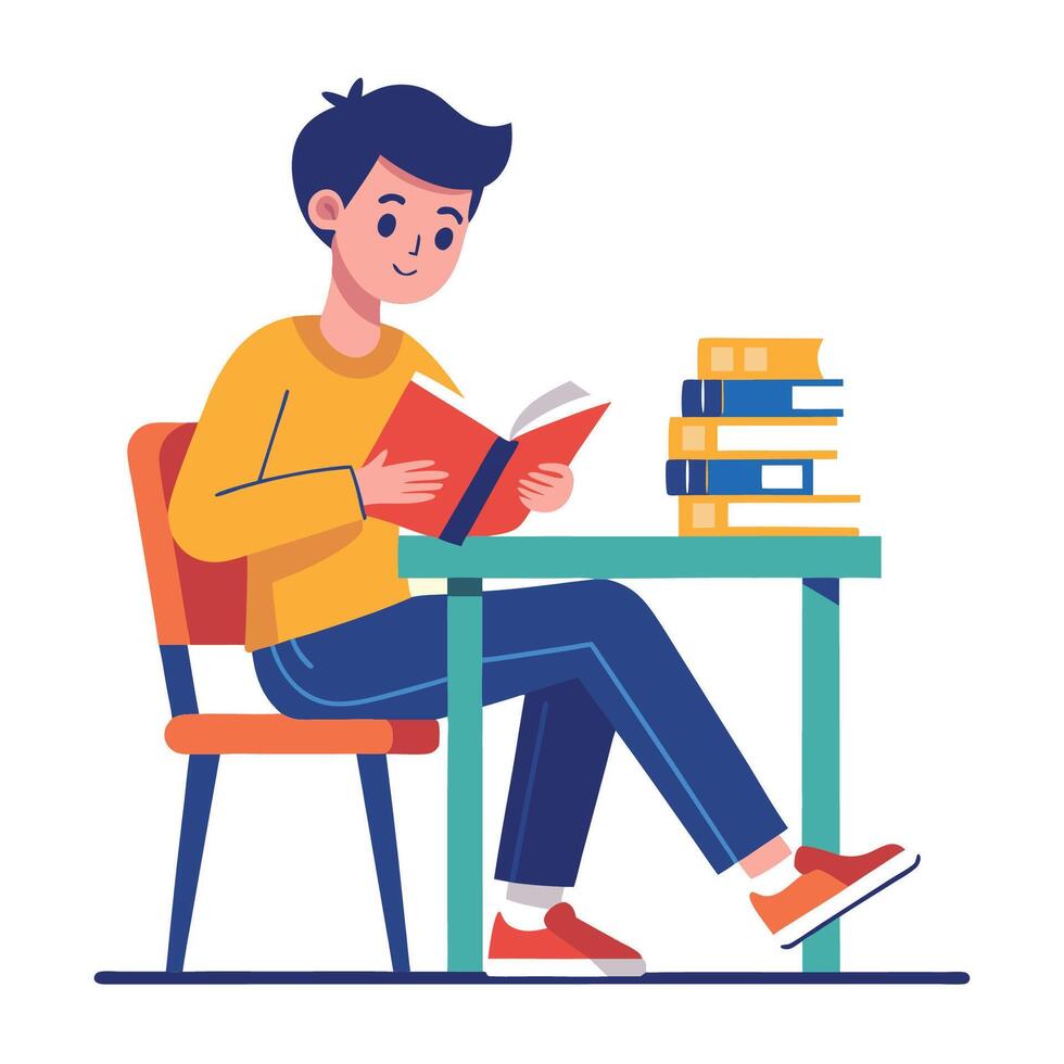 A Boy Student sitting at the table reading a book vector