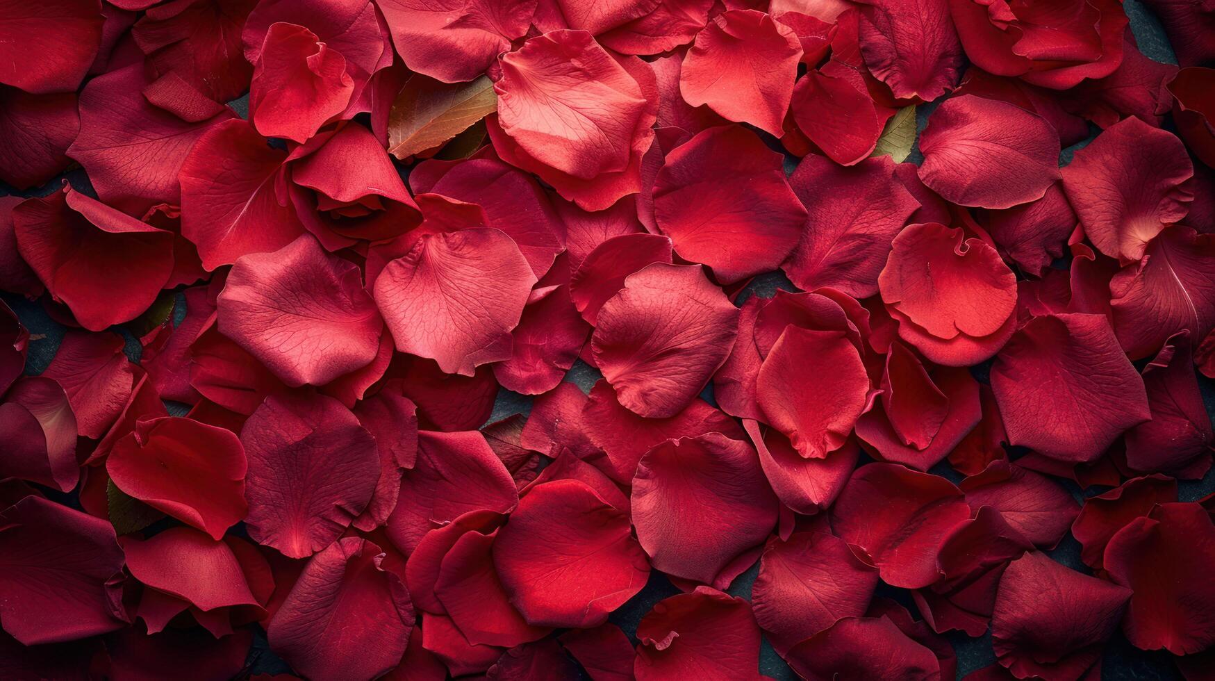 top view image of intricate red rose petals, creating visually stunning composition. Perfect for romantic occasions, valentines, weddings, and more. Explore the beauty of love in every detail. photo