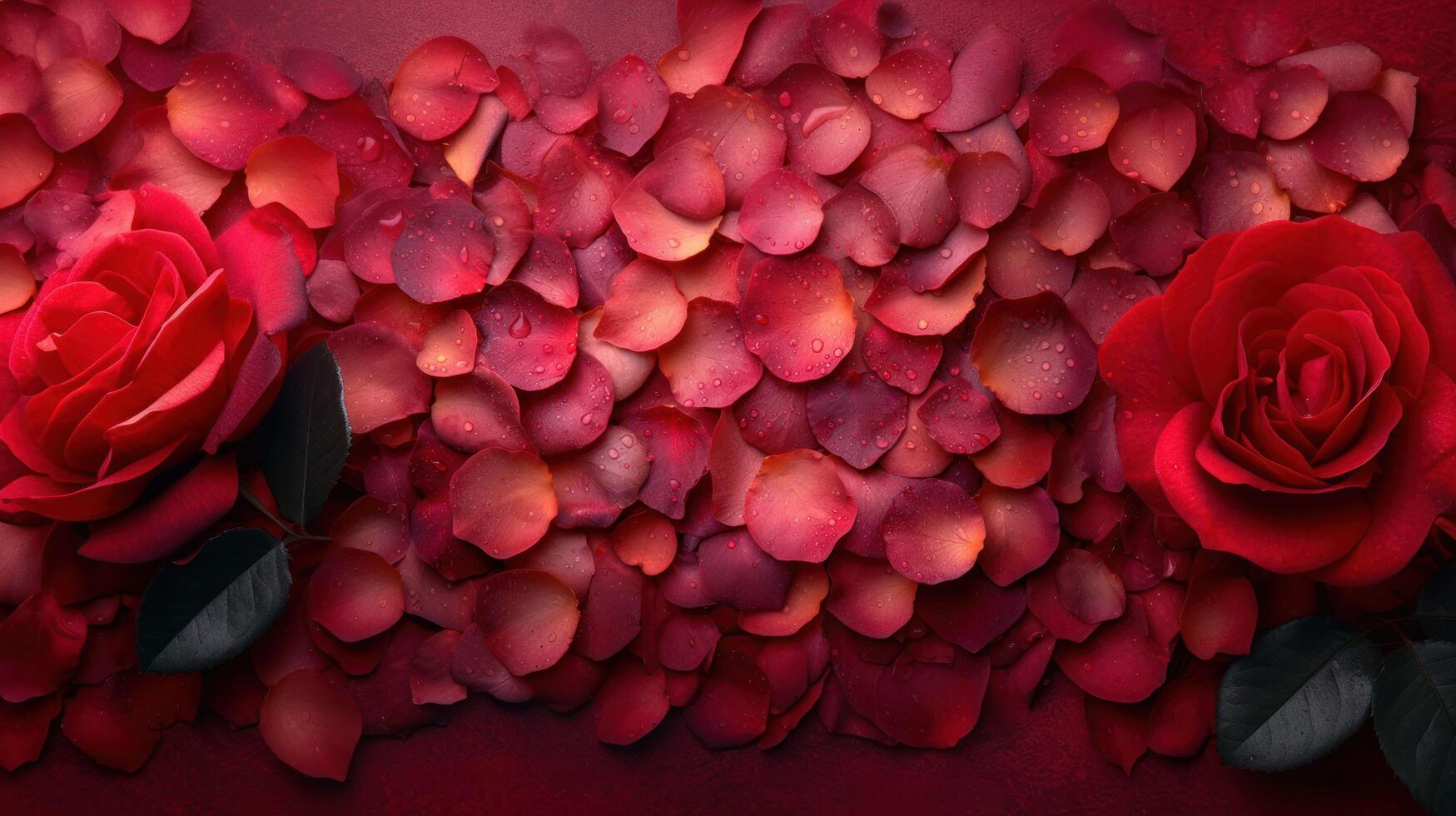 top view image of intricate red rose petals, creating visually stunning composition. Perfect for romantic occasions, valentines, weddings, and more. Explore the beauty of love in every detail. photo