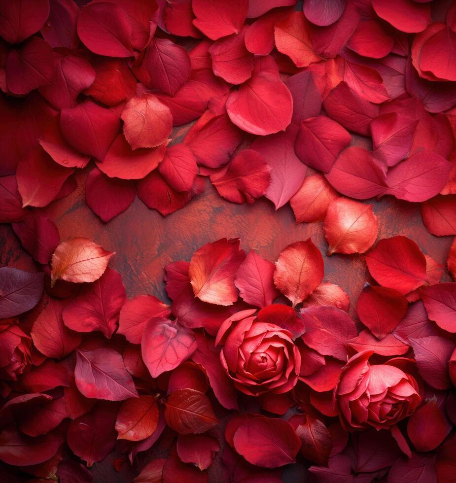 top view image of intricate red rose petals, creating visually stunning composition. Perfect for romantic occasions, valentines, weddings, and more. Explore the beauty of love in every detail. photo