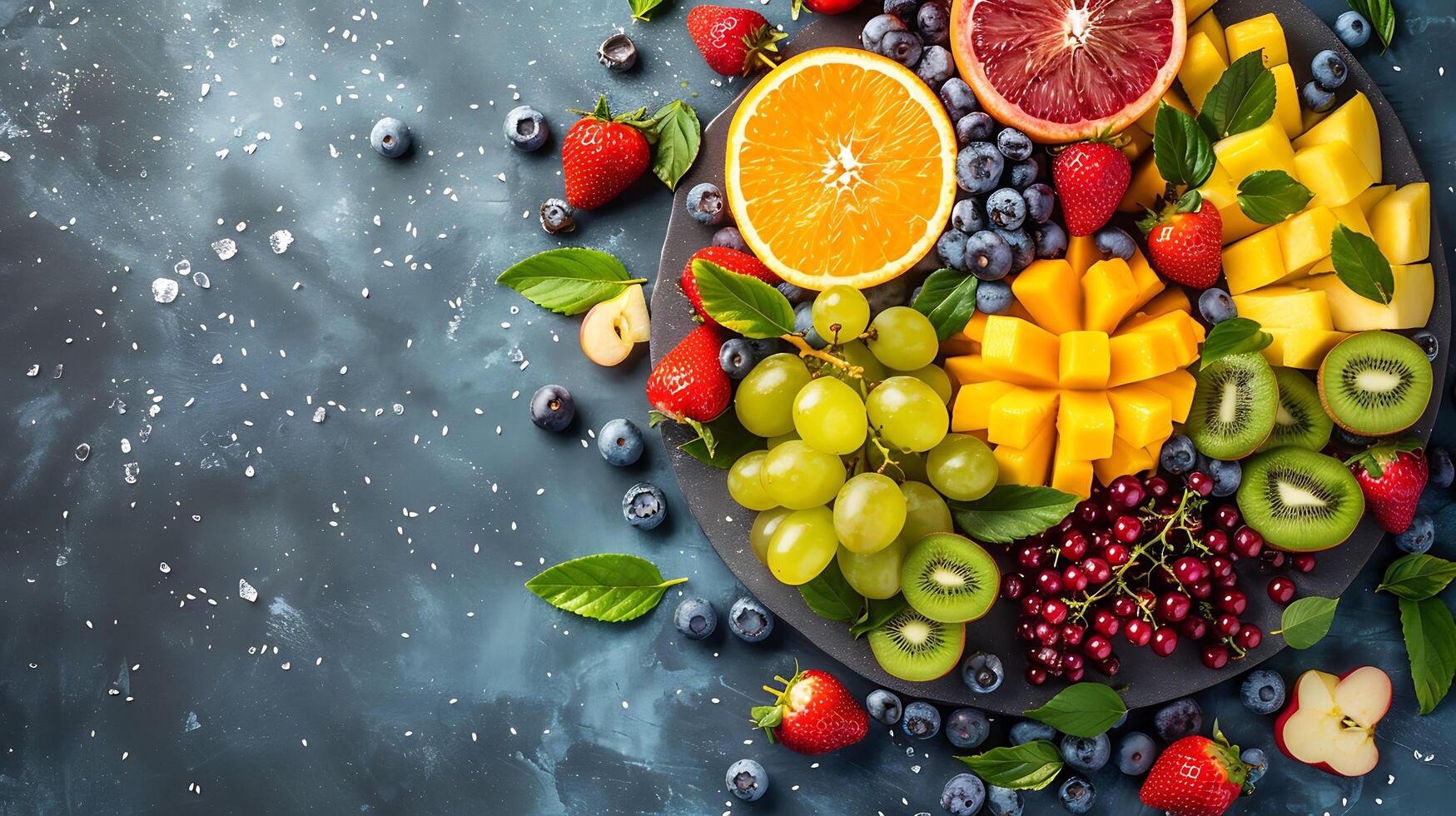 A black plate filled with a variety of fresh fruits, including mango, orange, kiwi, grapes, strawberries, blueberries, and currants. photo