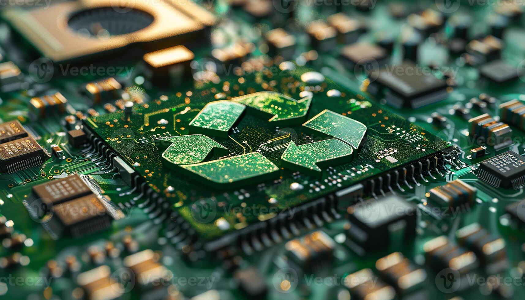 Green technology computer chip recycle sign on circuit generated by AI photo