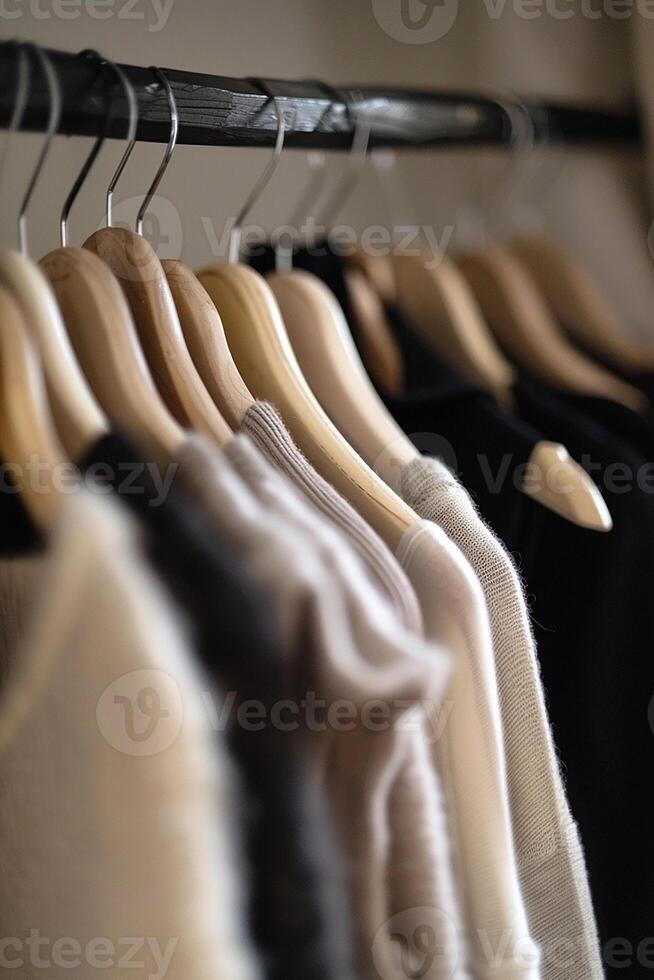 Close up of hanging clothes hang on wooden hangers generated by AI photo