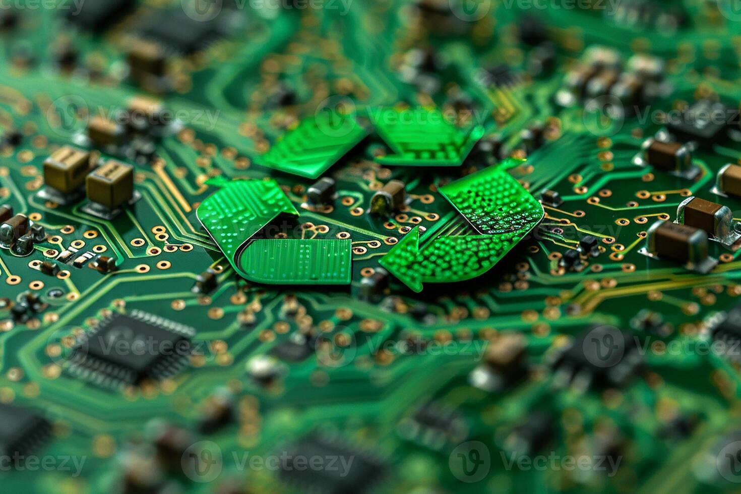 Green technology computer chip recycle sign on circuit generated by AI photo
