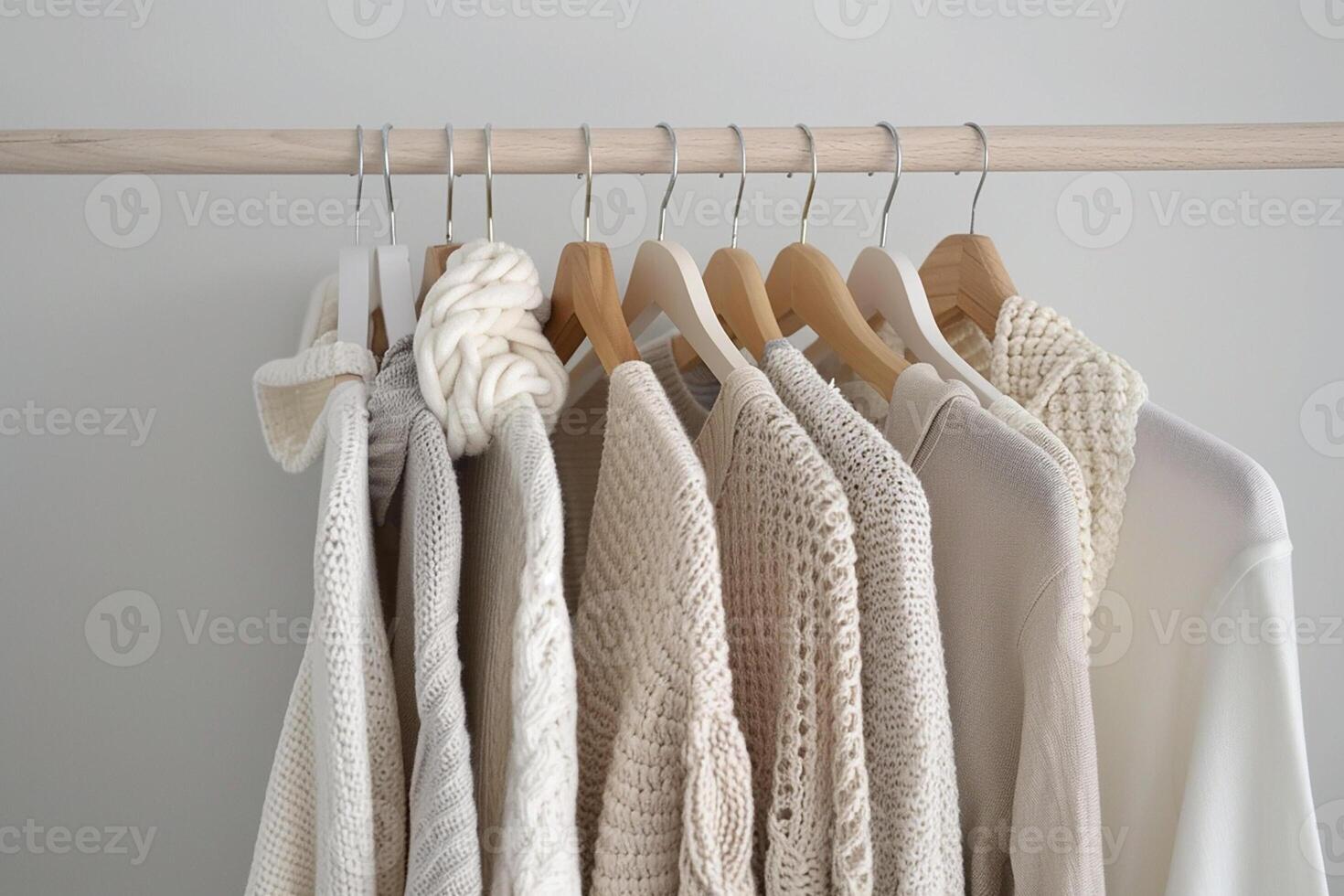 Close up of hanging clothes hang on wooden hangers generated by AI photo