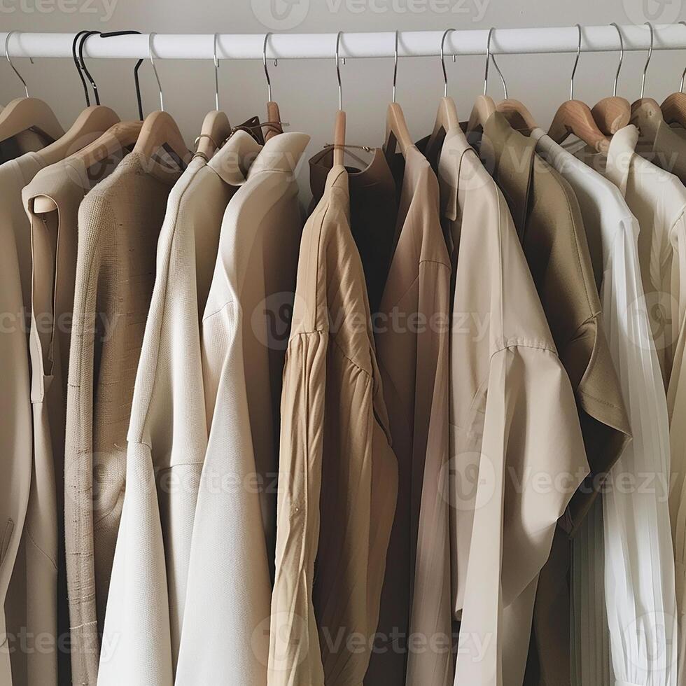 Close up of hanging clothes hang on wooden hangers generated by AI photo