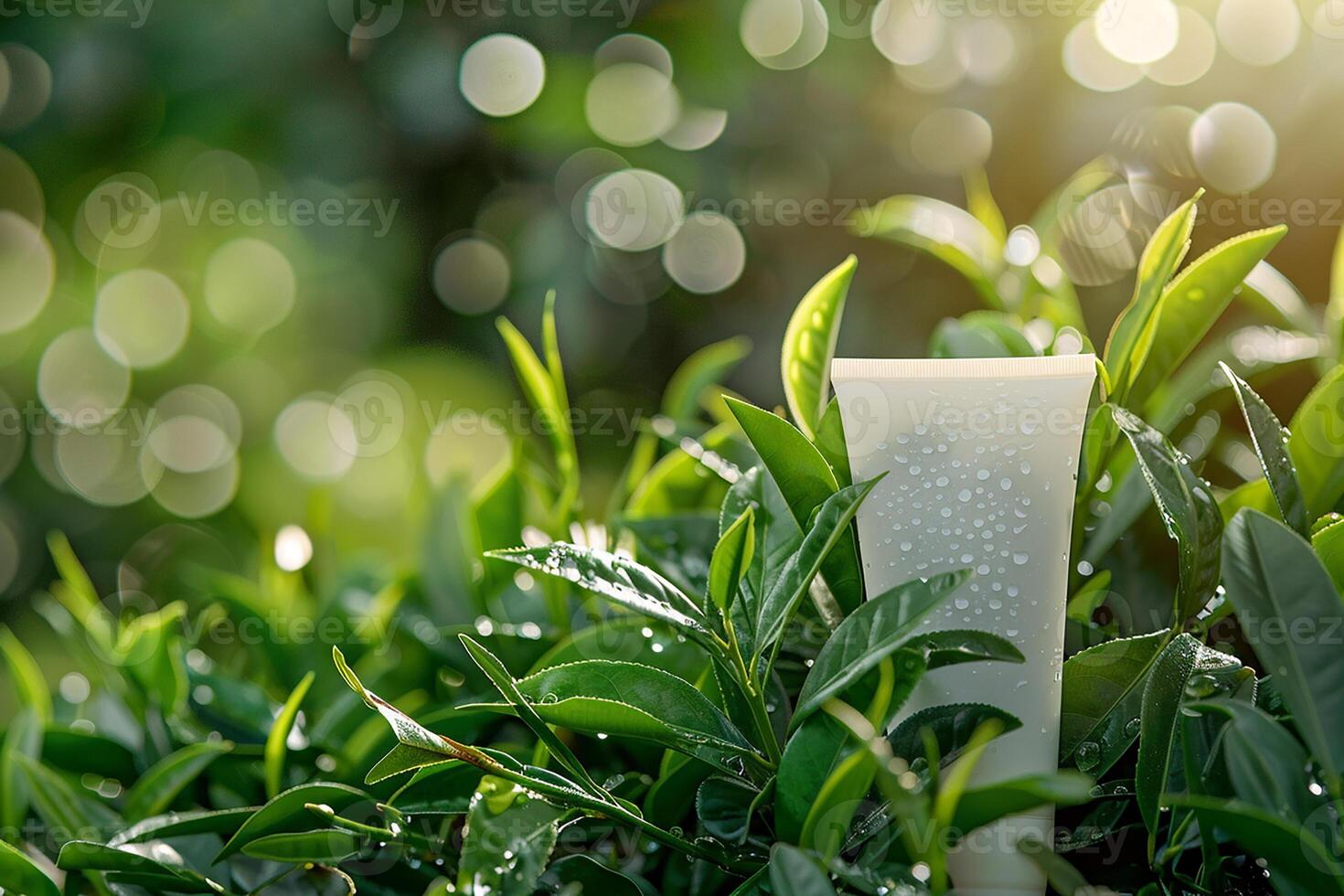 Green tube empty white mockup with leaves generated by AI photo