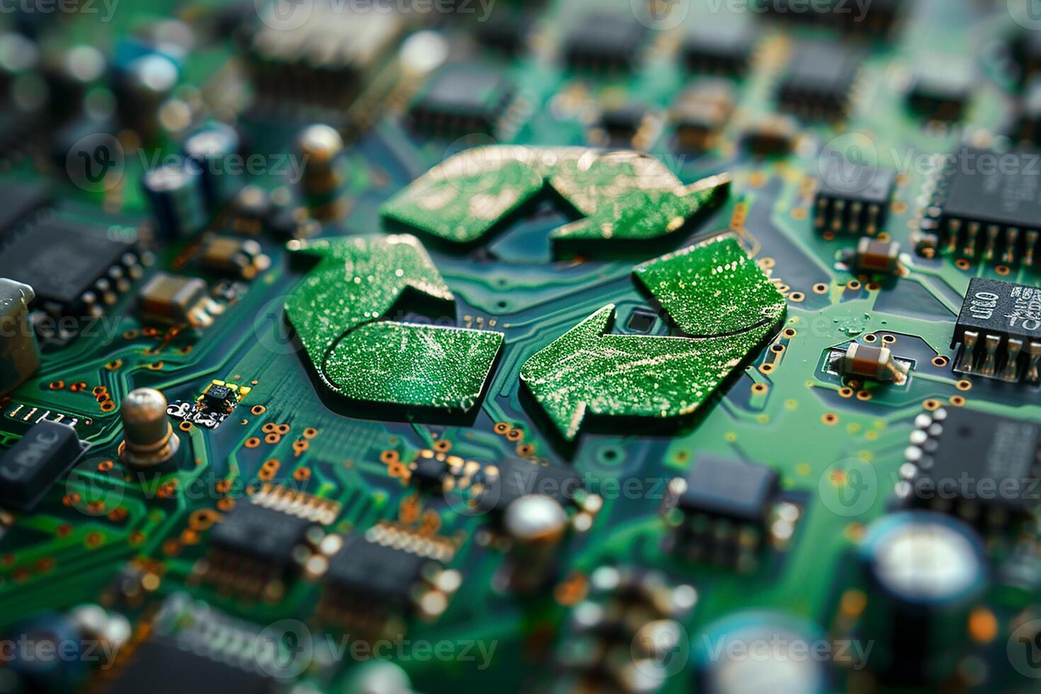 Green technology computer chip recycle sign on circuit generated by AI photo