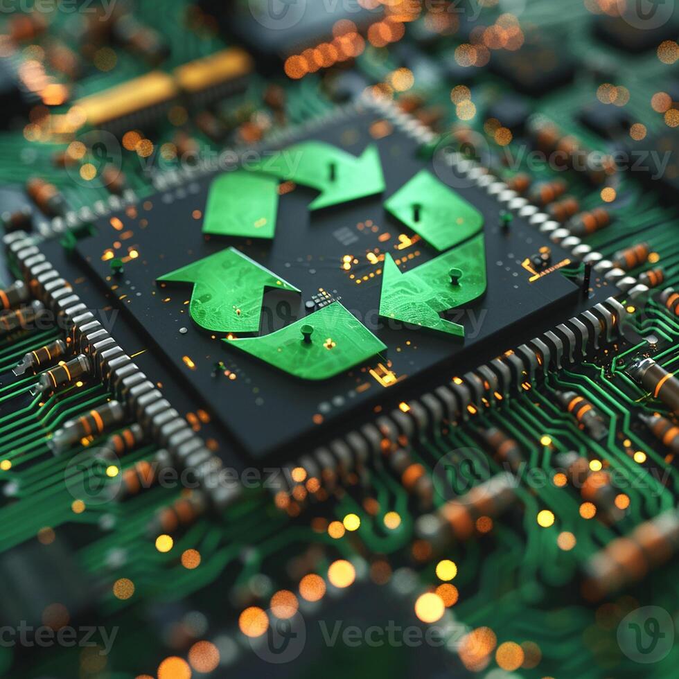 Green technology computer chip recycle sign on circuit generated by AI photo