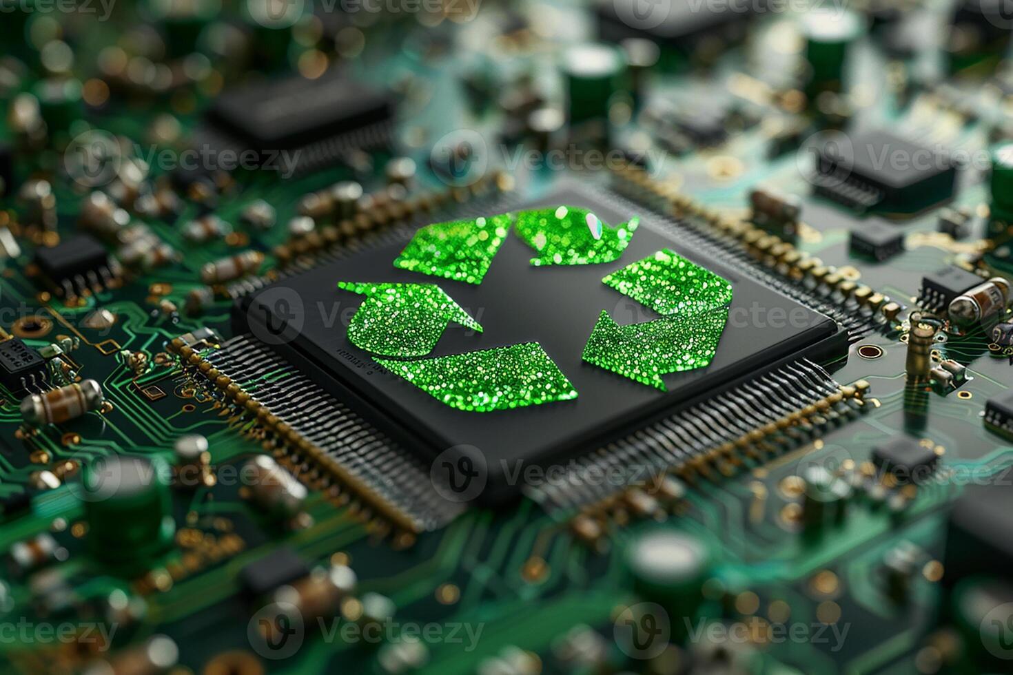 Green technology computer chip recycle sign on circuit generated by AI photo