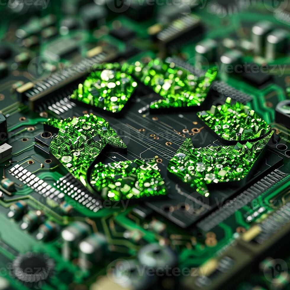 Green technology computer chip recycle sign on circuit generated by AI photo