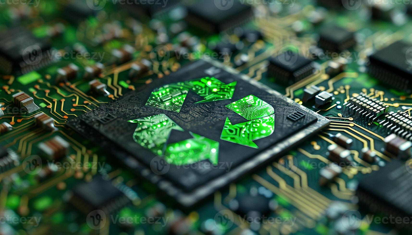 Green technology computer chip recycle sign on circuit generated by AI photo