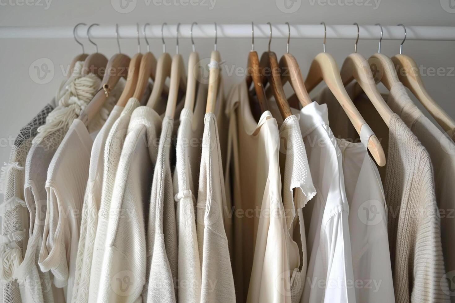 Close up of hanging clothes hang on wooden hangers generated by AI photo