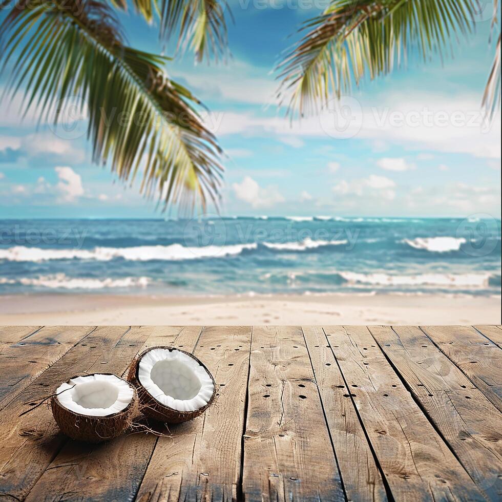 Empty Wooden table with blurred background of sea generated by AI photo