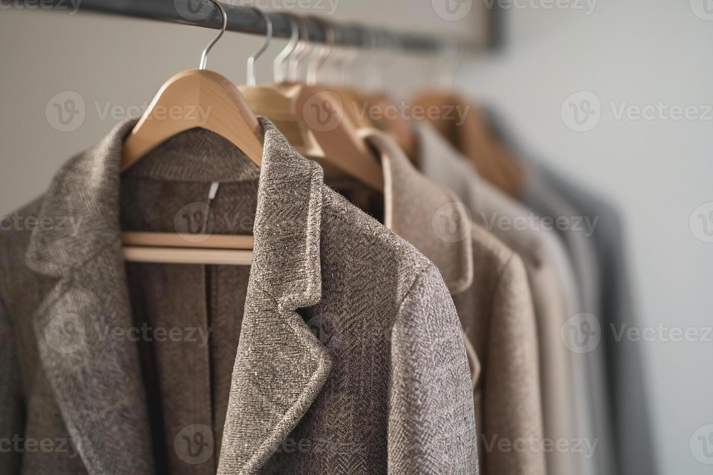 Close up of hanging clothes hang on wooden hangers generated by AI photo