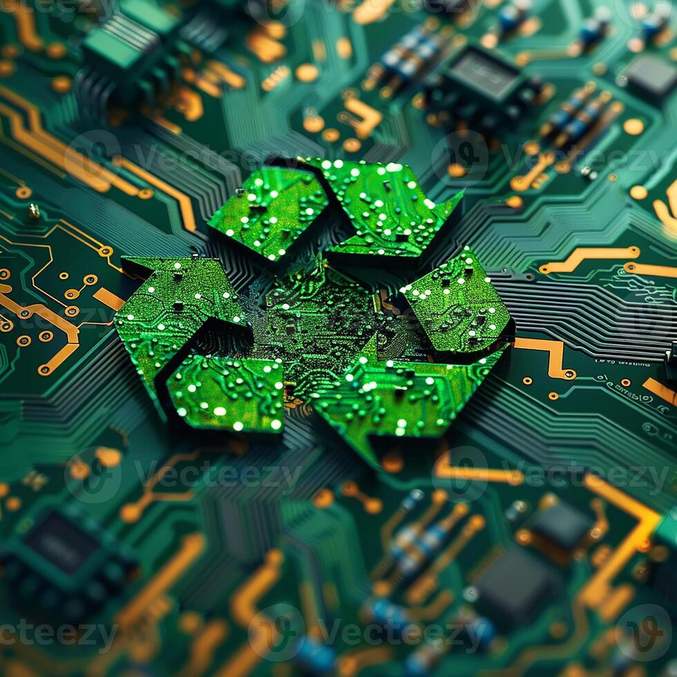 Green technology computer chip recycle sign on circuit generated by AI photo