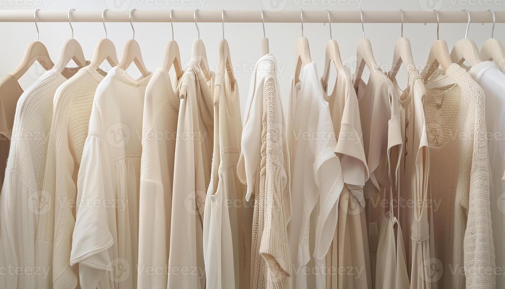 Close up of hanging clothes hang on wooden hangers generated by AI photo