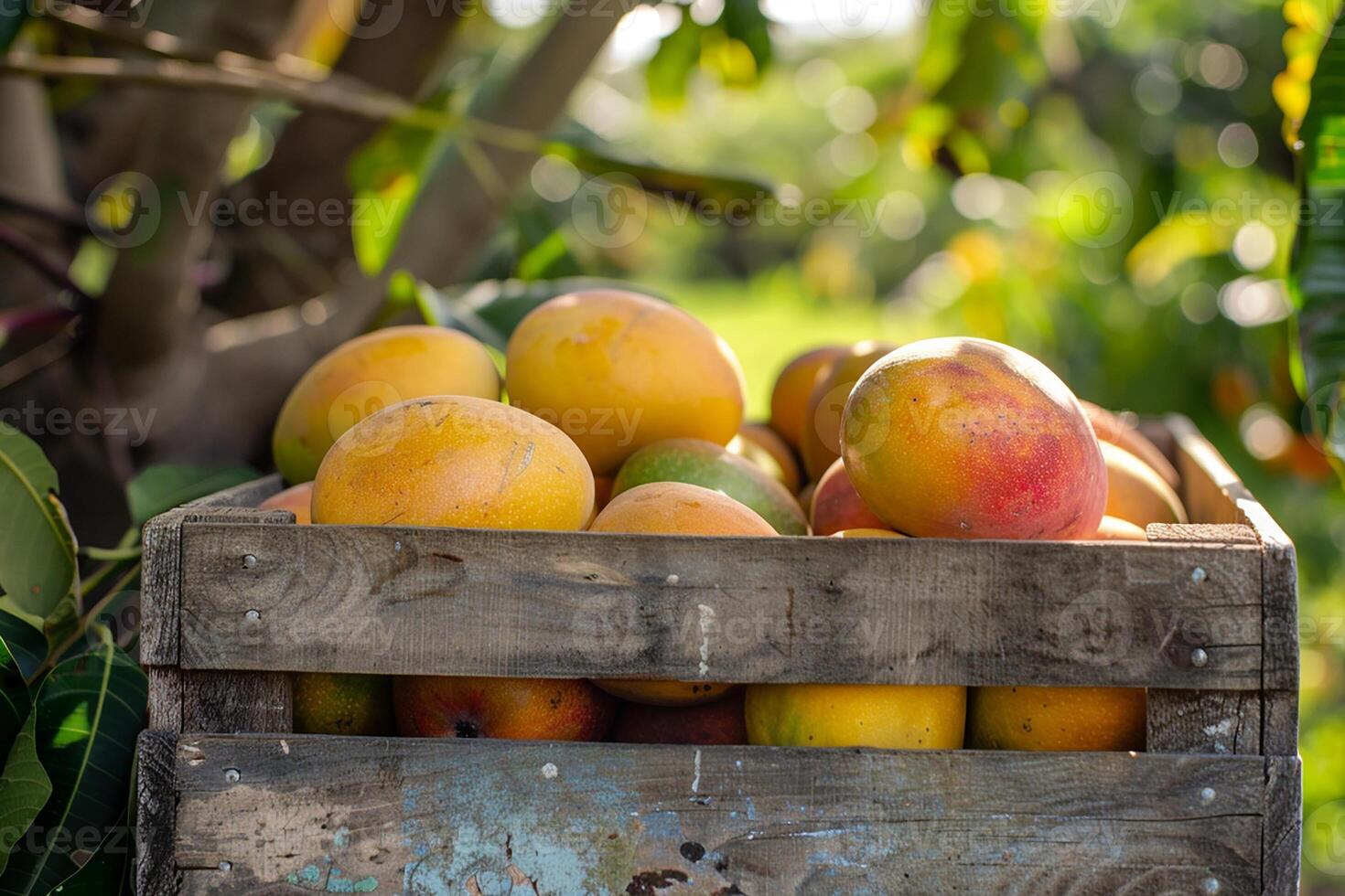 Fresh mangoes in wooden crate with blurry mango trees generated by AI photo