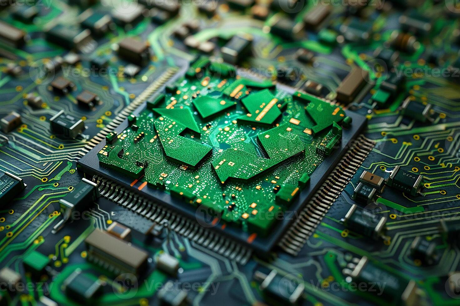 Green technology computer chip recycle sign on circuit generated by AI photo